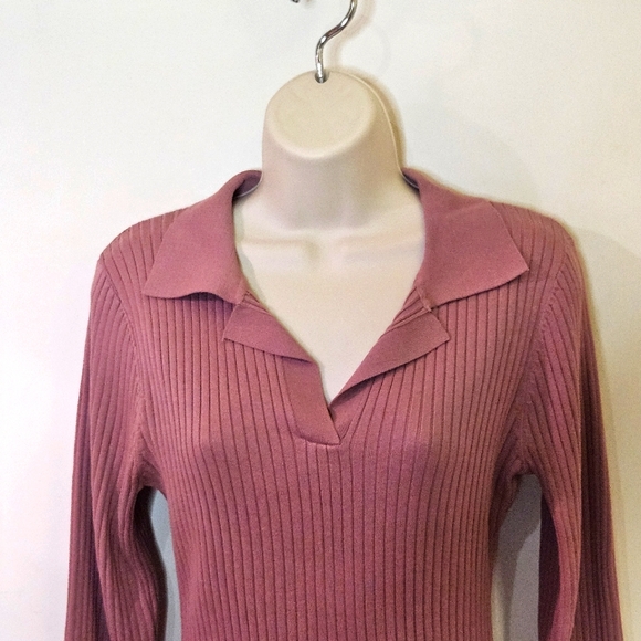 LOVE TREE Pink Mauve Ribbed, Collared Long Sleeve Dress, Size Large - Picture 11 of 16